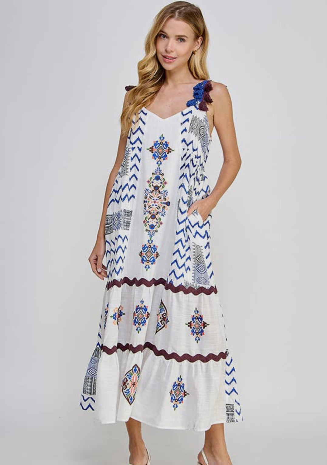 White and Blue Dress with PomPom Accent