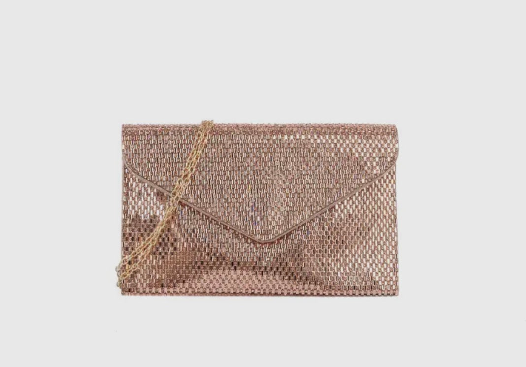 Rose Gold Rhinestone Envelope Clutch Bag