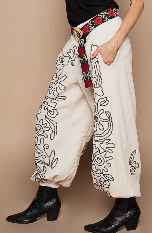 Off White & Black Embroidered Pants