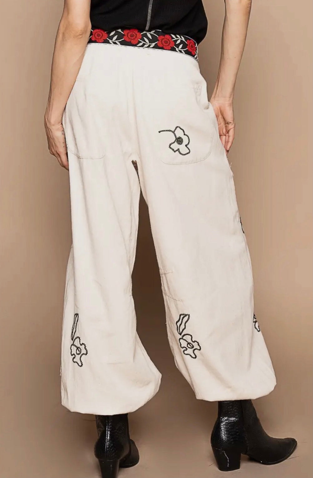 Off White & Black Embroidered Pants