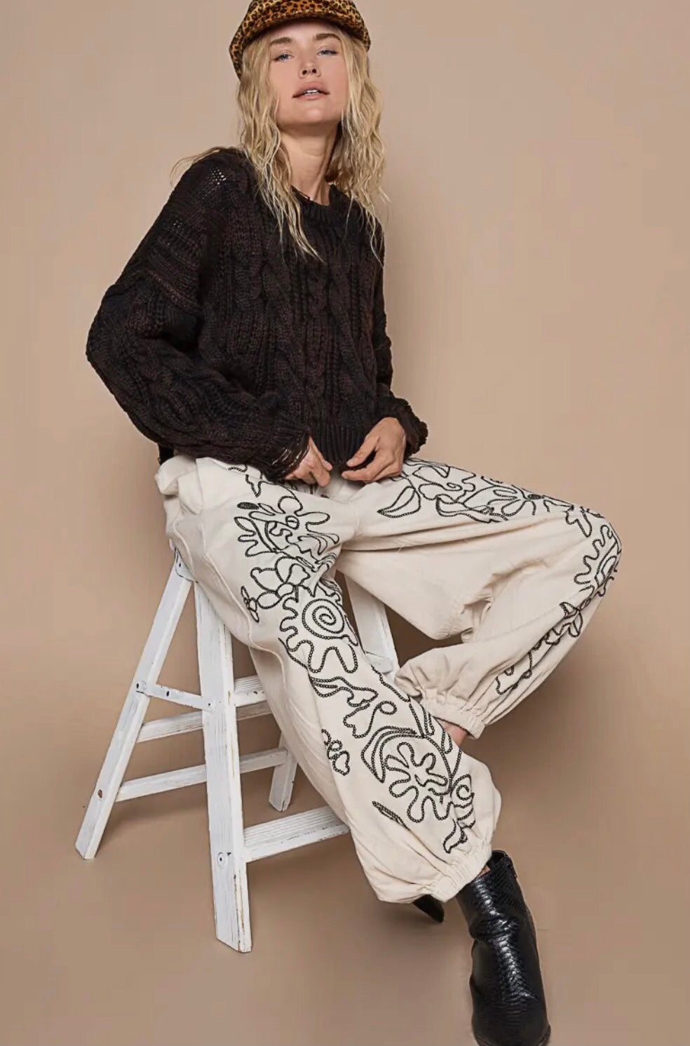 Off White & Black Embroidered Pants