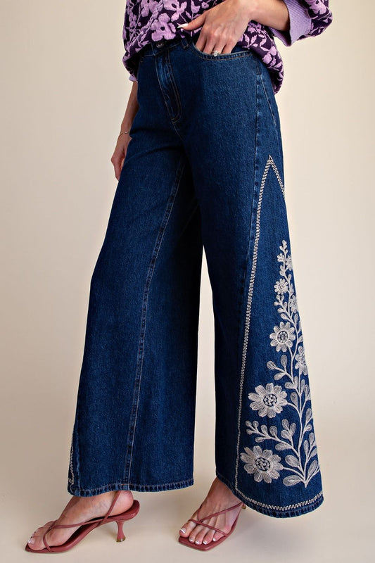 Dark Denim Flared Jeans with Embroidery Detail