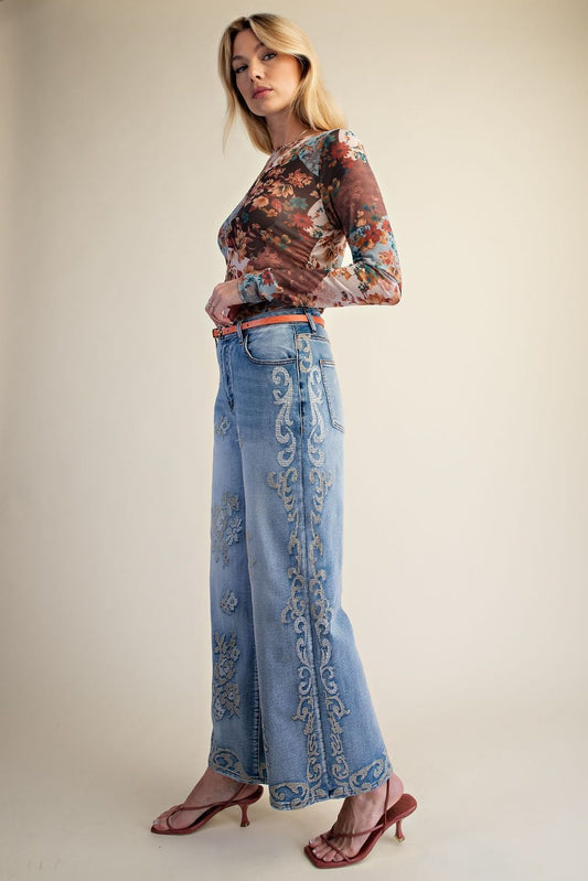 Embroidered Wash Denim Jeans