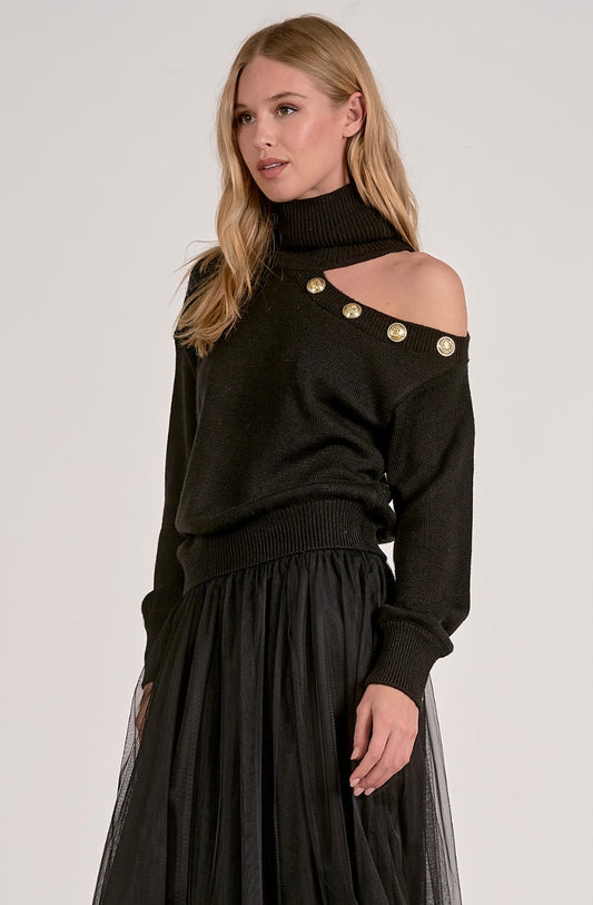 Cold Shoulder Turtle Neck Sweater With Gold Button Accents - 2 Colours