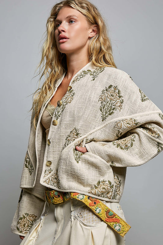 Natural & Olive Green Linen Jacket