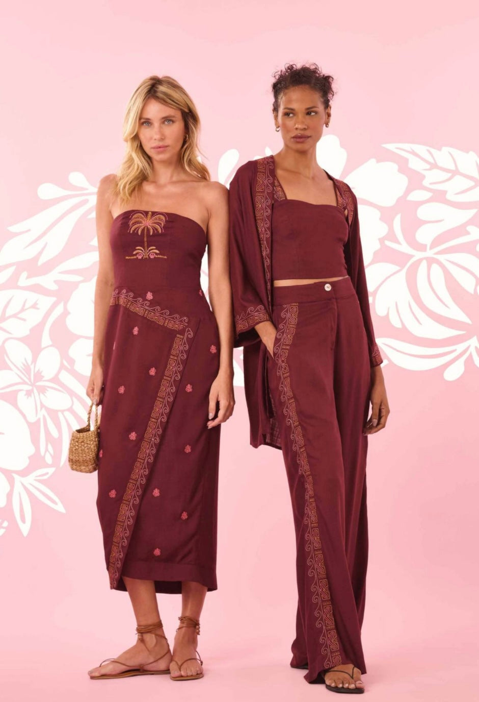 Embroidered Burgundy Linen Pants