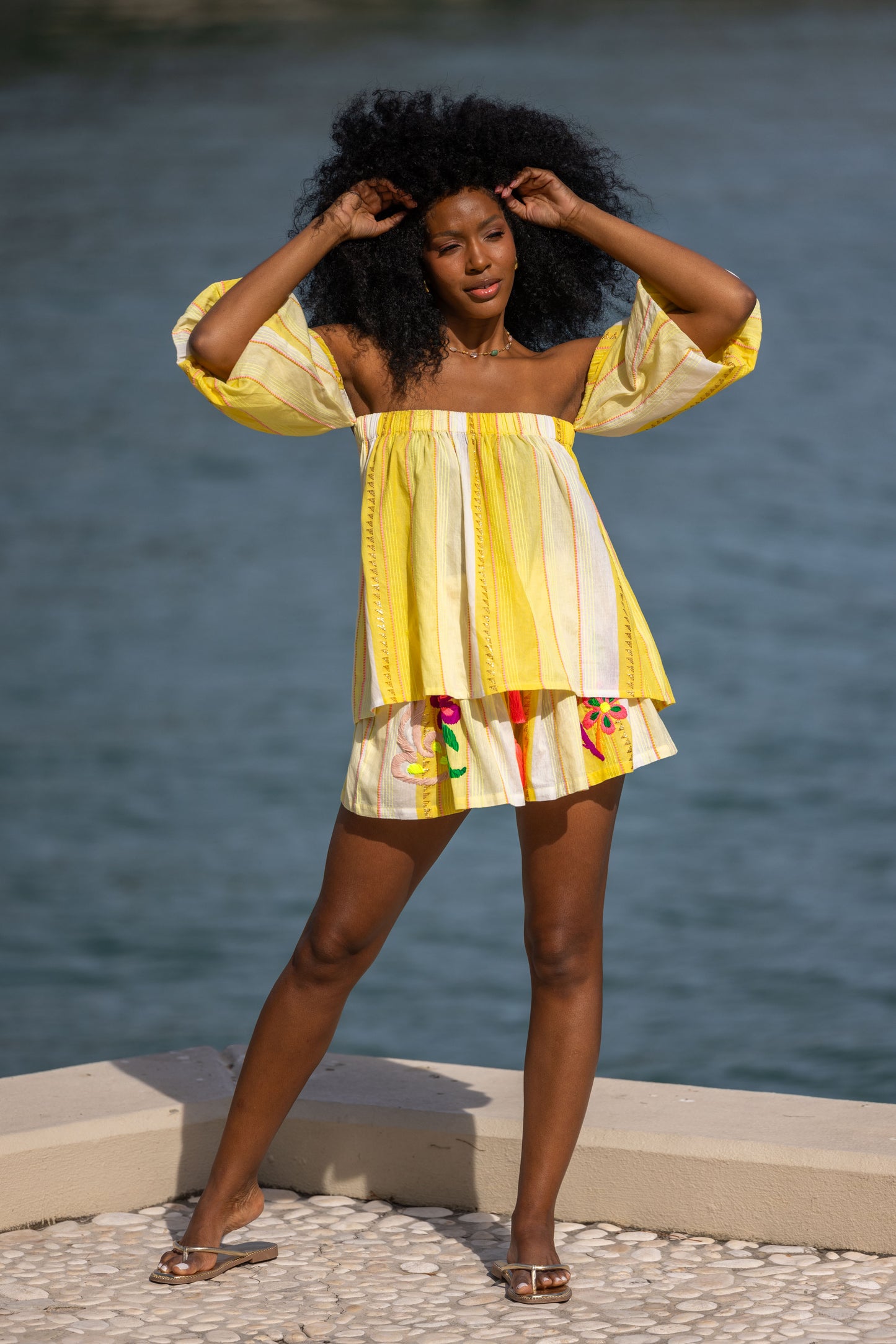 Yellow Embroidered Shorts