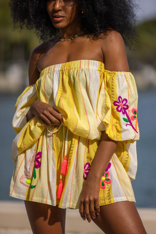 Yellow Embroidered Shorts