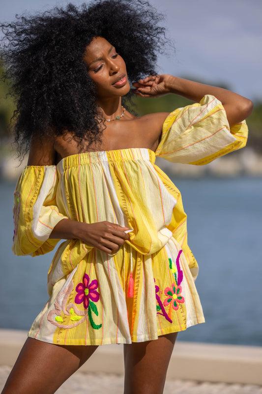 Yellow Embroidered Shorts