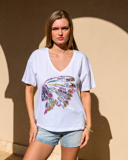 Indian Beaded White V Neck T-Shirt