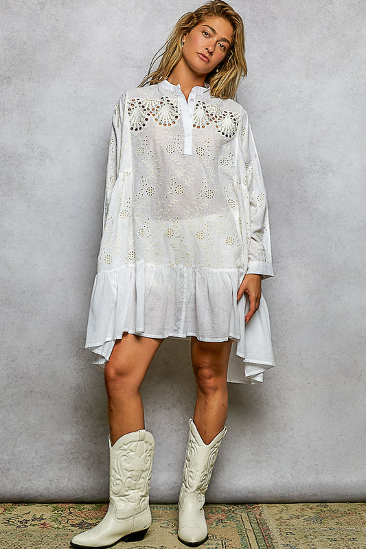 White Eyelet Tunic Dress with Beading