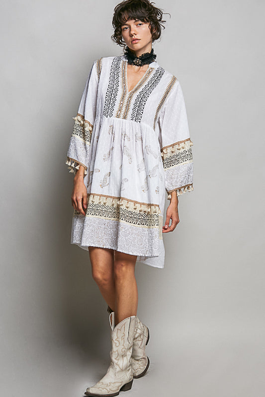 White Paisley Print Mini Dress