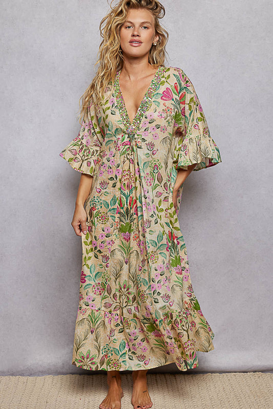 Floral Beaded Cotton Maxi Dress