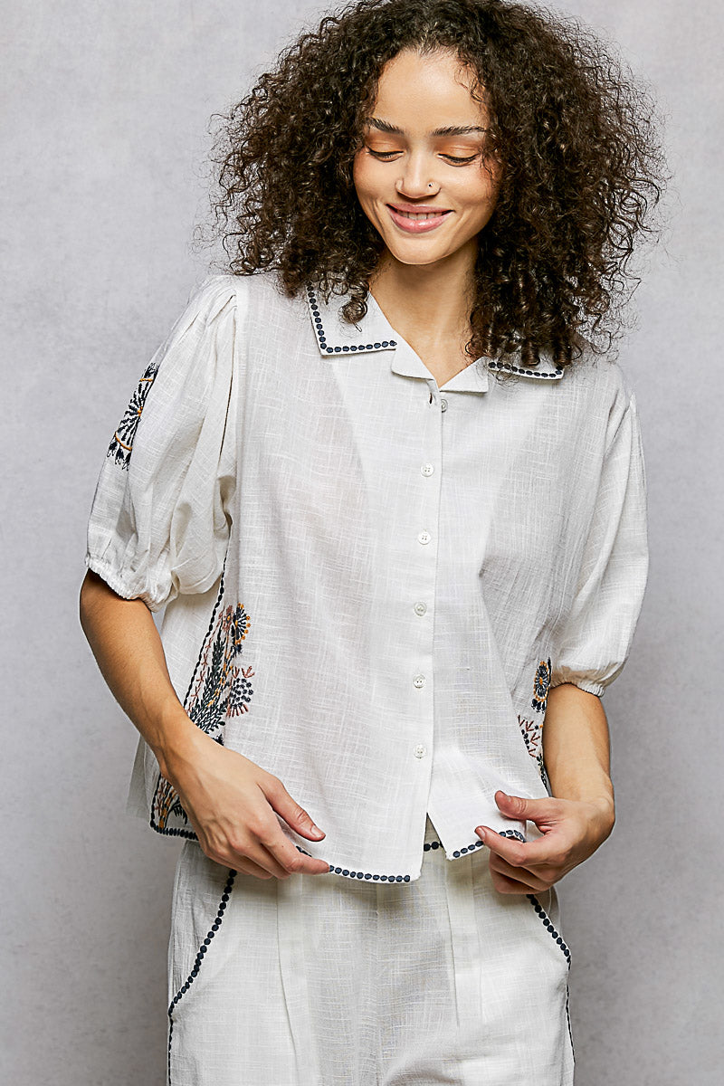White Linen Shirt with Black Embroidery Detail