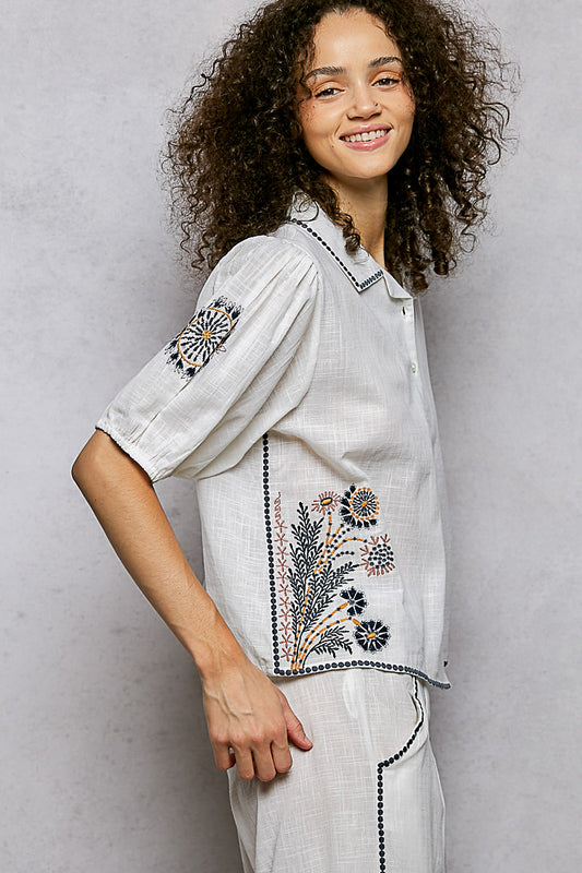 White Linen Shirt with Navy Embroidery Detail