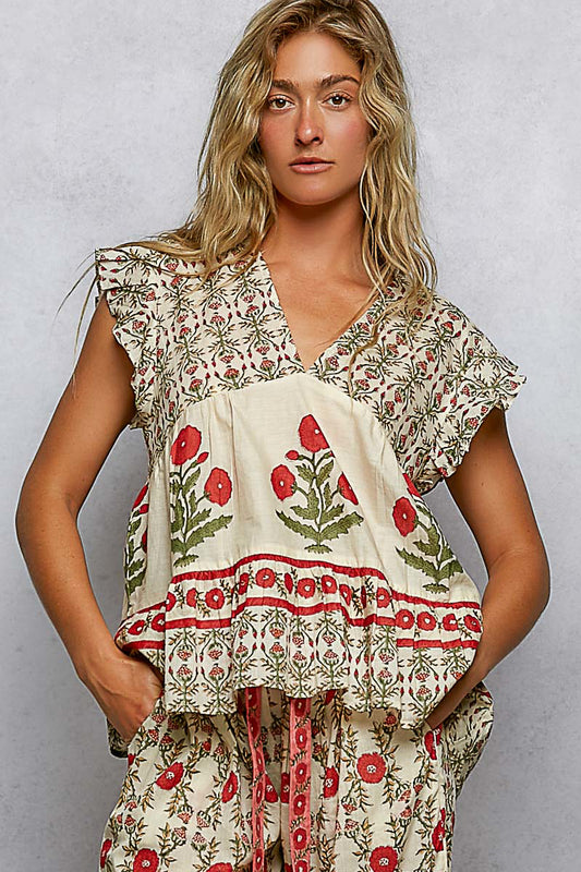 Red Hand Block Print V Neck Ruffle Sleeve Top - 100% Cotton