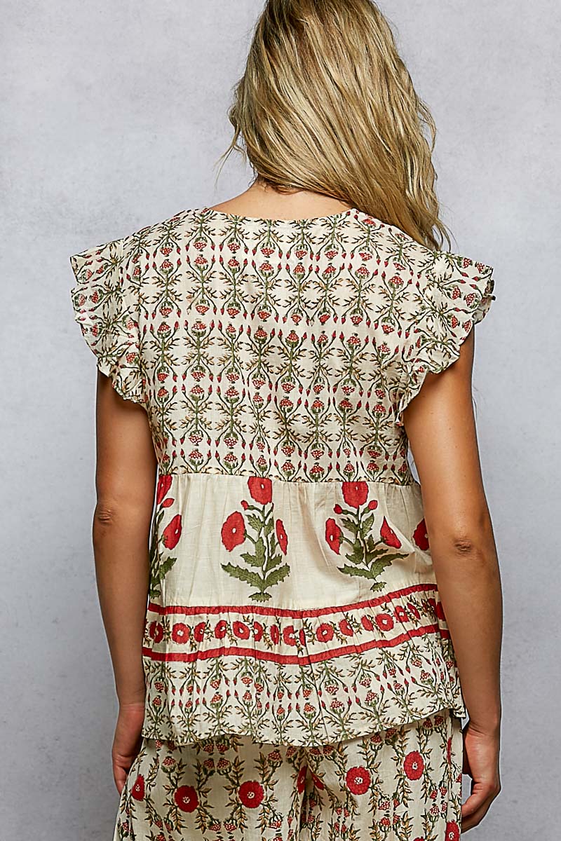 Red Hand Block Print V Neck Ruffle Sleeve Top - 100% Cotton