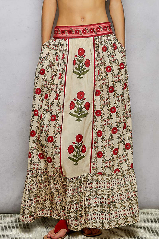 Cream Maxi Red Block Print Skirt