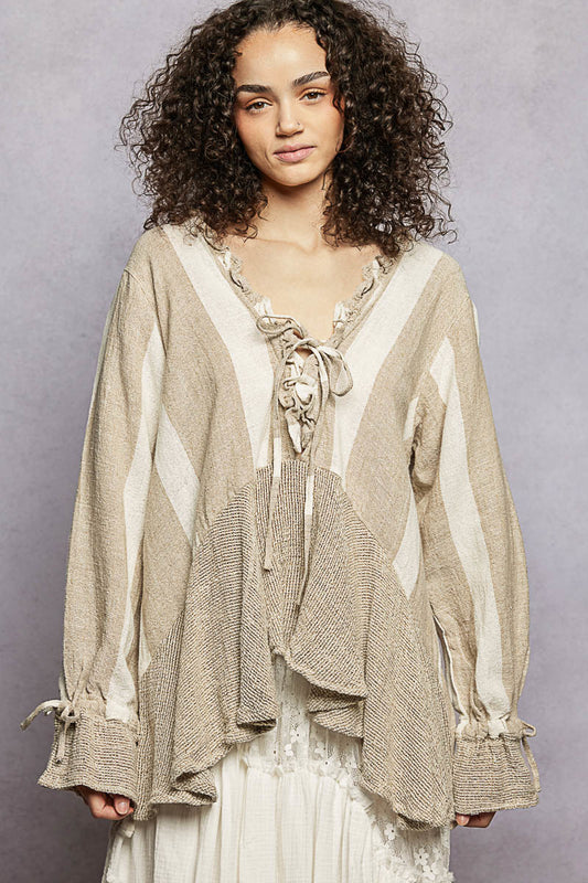 Ruffle Detail Mocha Stripe Top