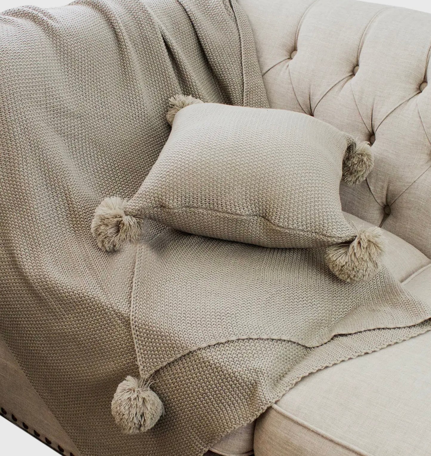 Khaki Chunky Knit Pom Pom Throw