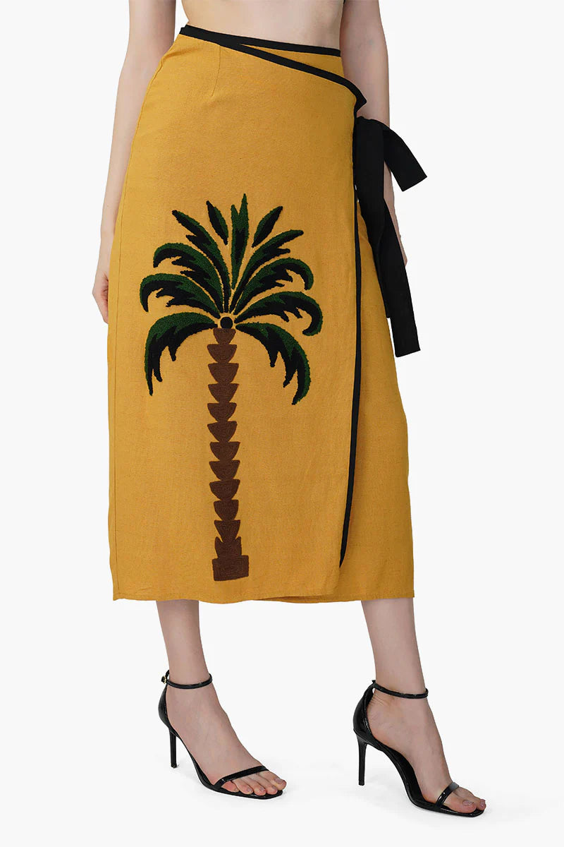 Yellow Embroidered Palm Wrap Skirt