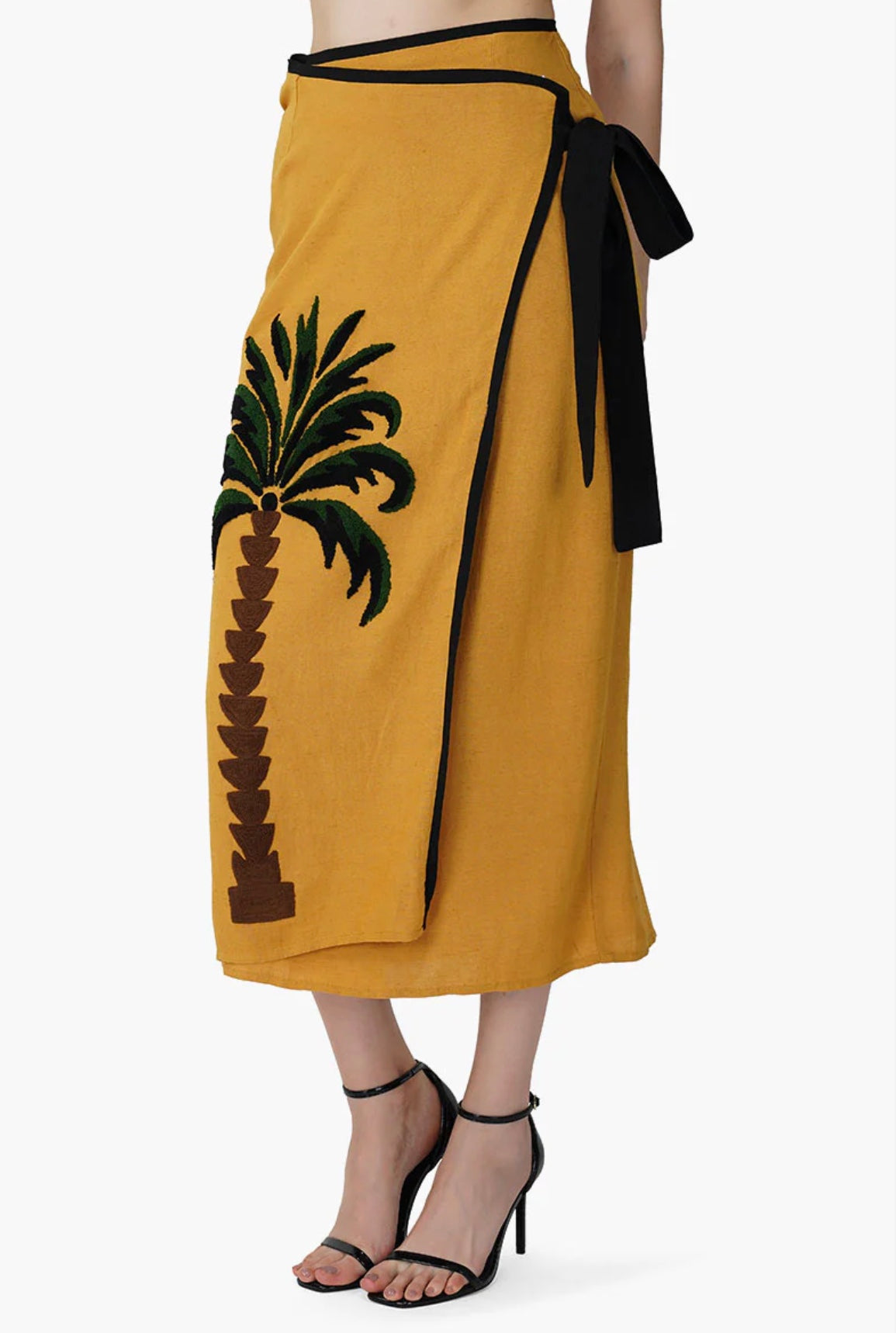 Yellow Embroidered Palm Wrap Skirt