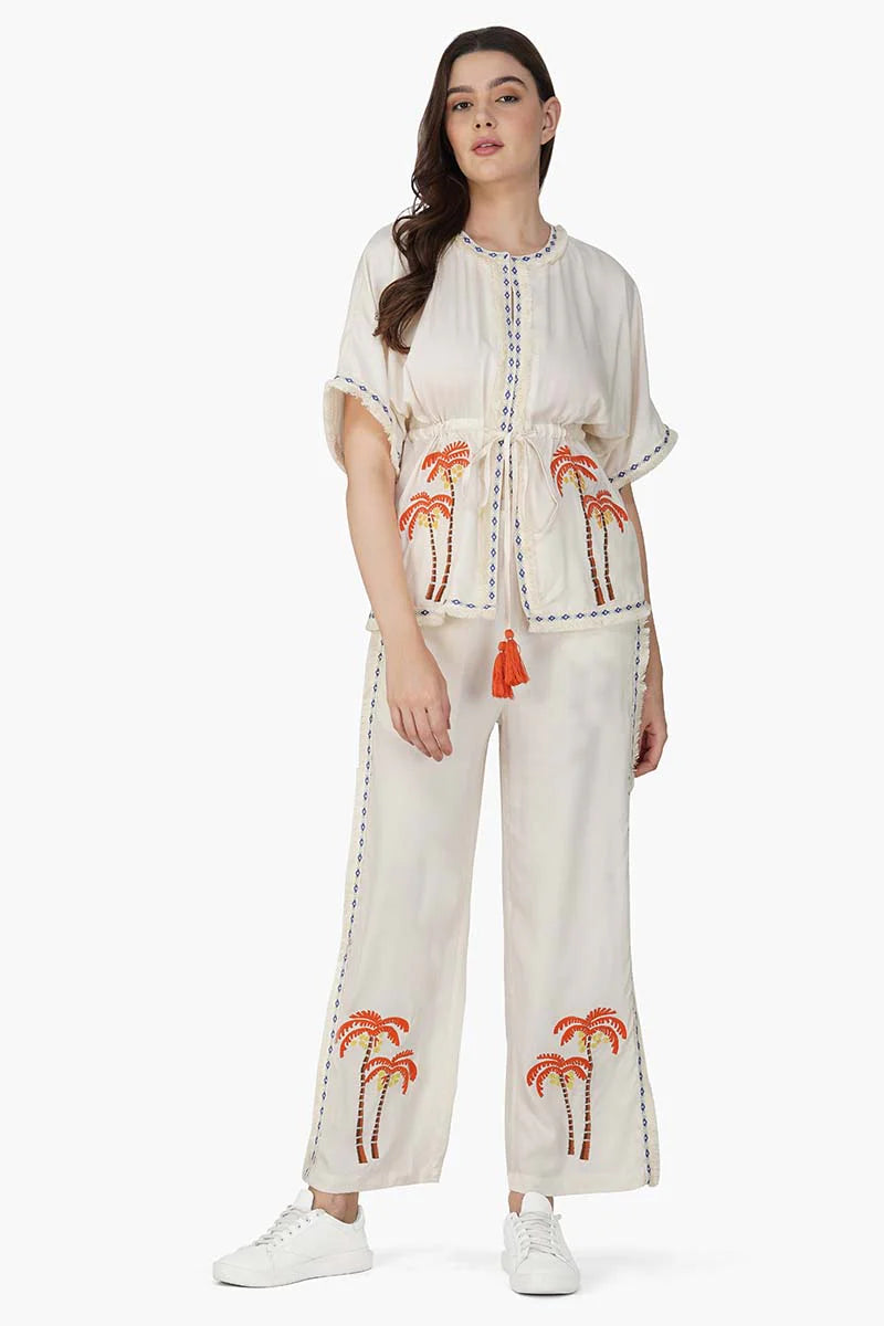 Off White Pants With Palm Embroidery