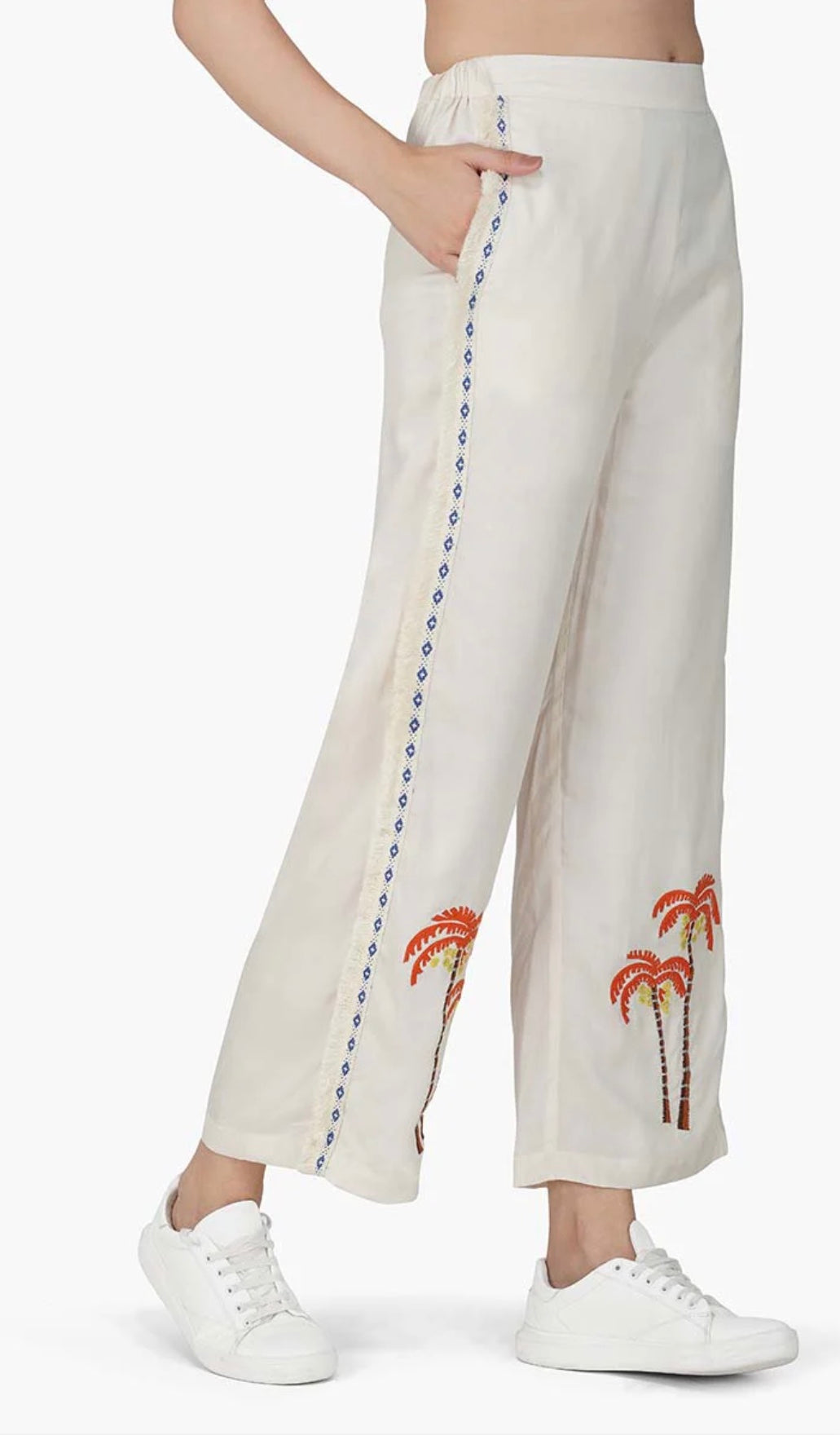 Off White Pants With Palm Embroidery