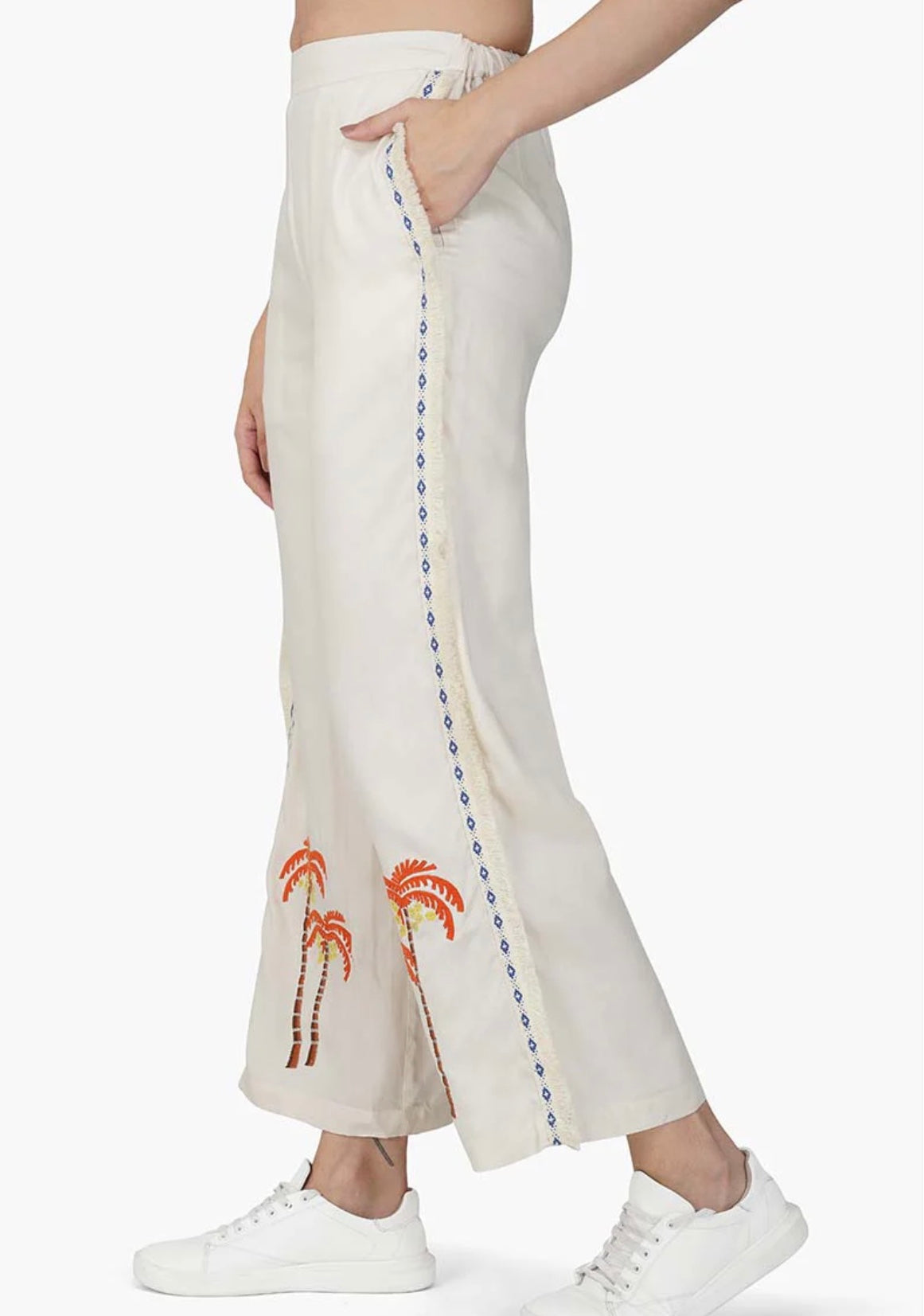 Off White Pants With Palm Embroidery