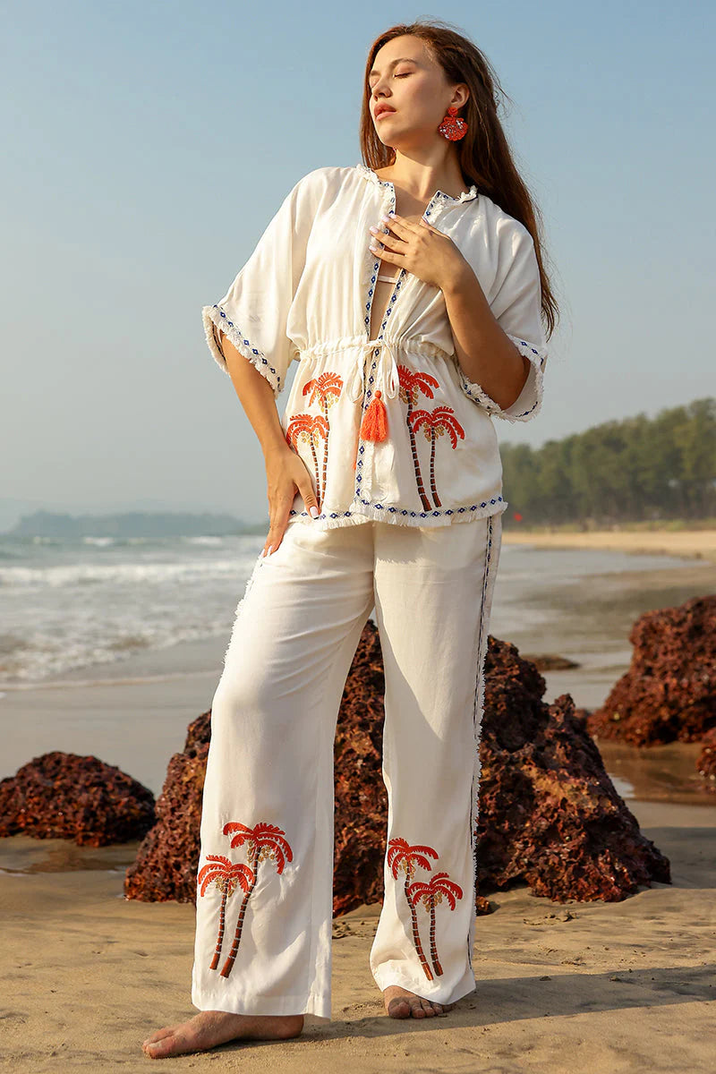 Off White Coverup With Palm Embroidery