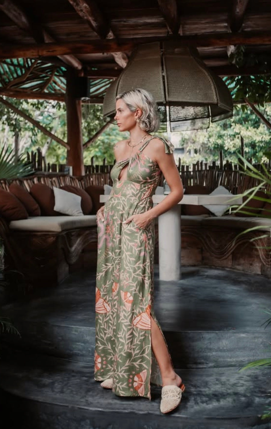 Green Print One Shoulder Dress