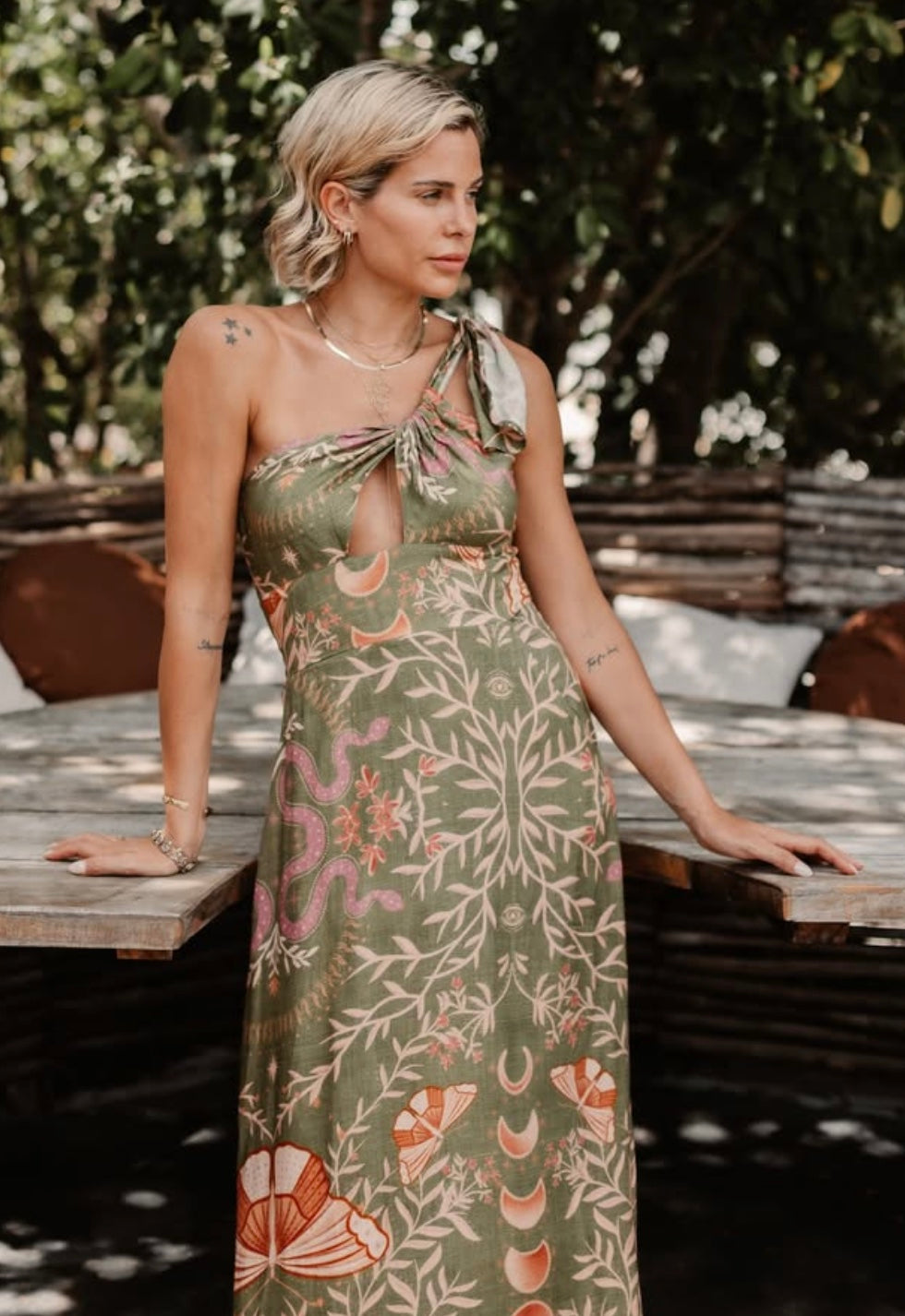 Green Print One Shoulder Dress