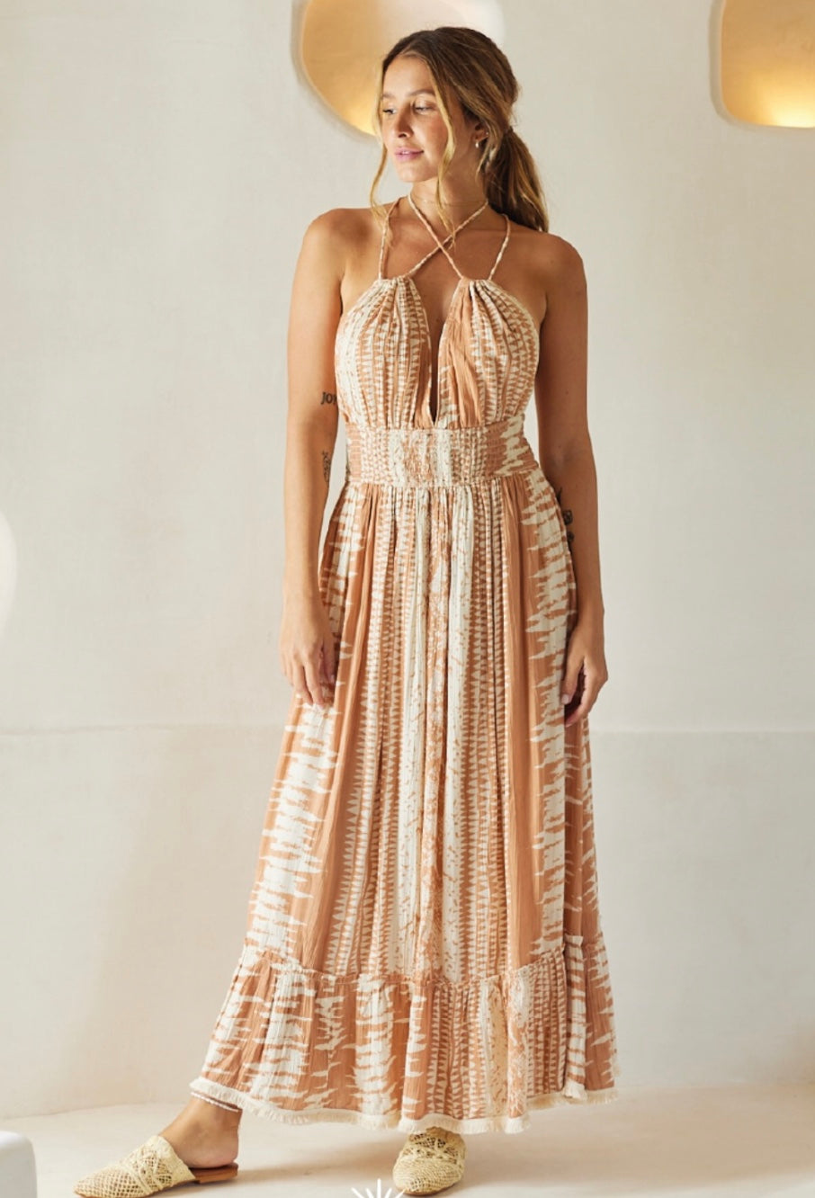 Tan & Beige Print Halter Dress