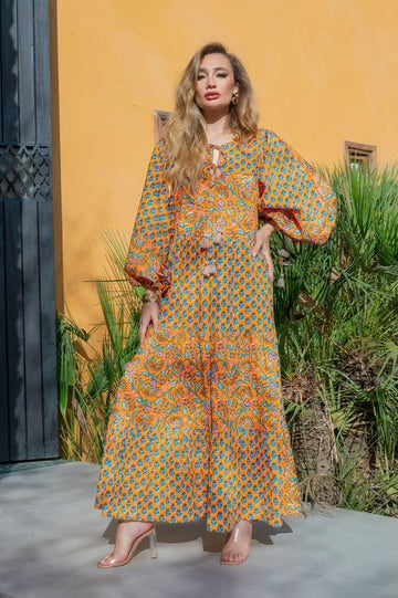 Orange Mix Block Print Maxi Dress