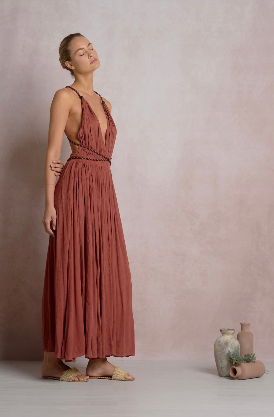 Cayenne Halter Dress with High Slit & Rope Belt