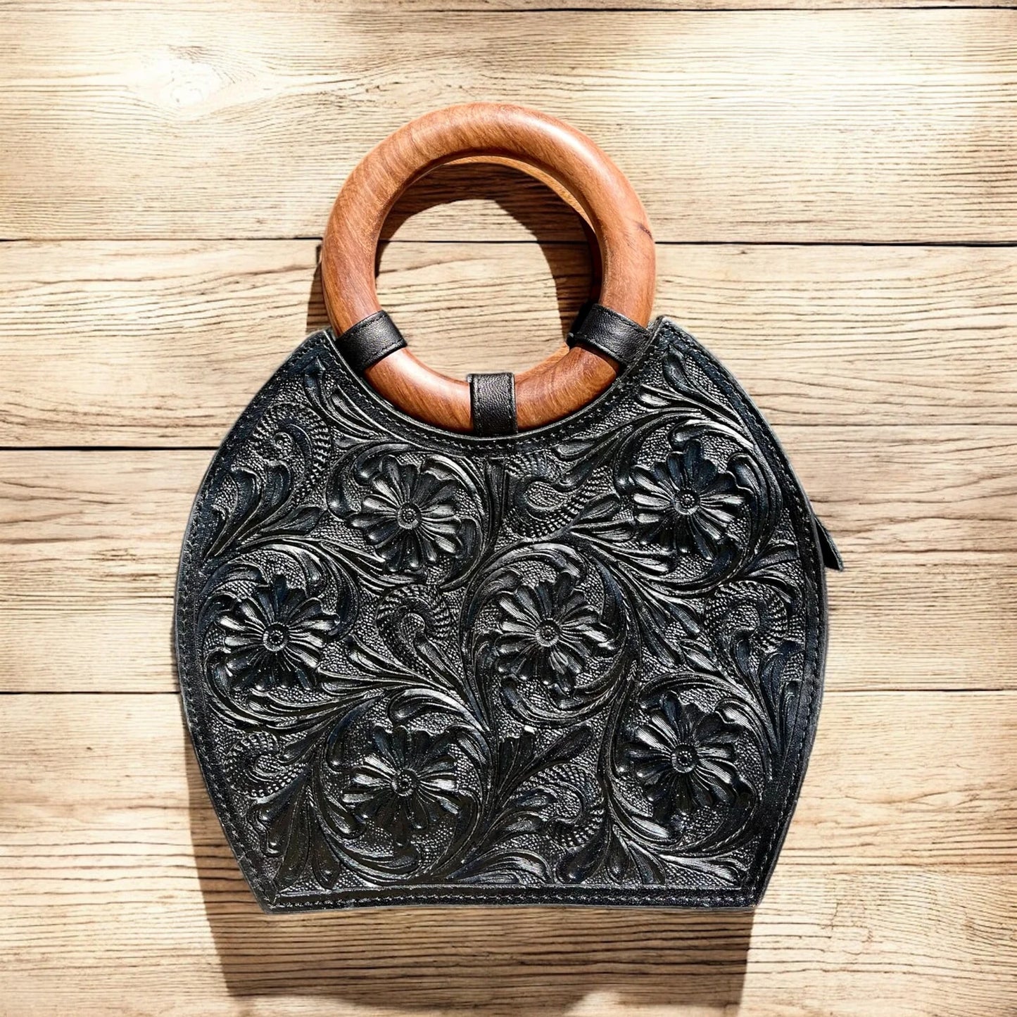Round Hand Tooled Leather Bag