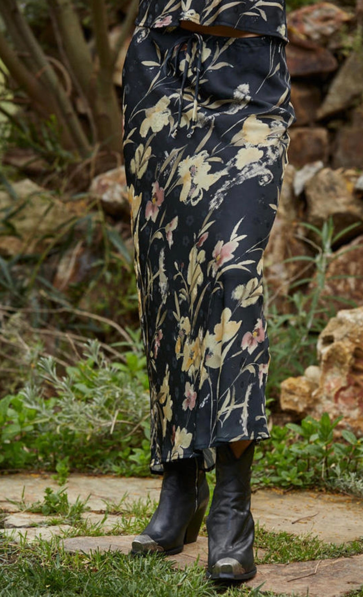Black Floral Print Slip Skirt