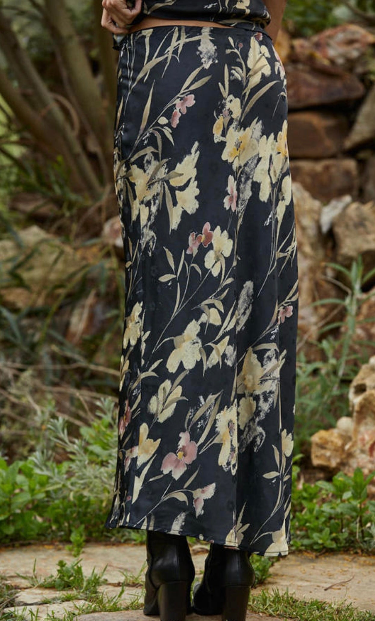 Black Floral Print Slip Skirt