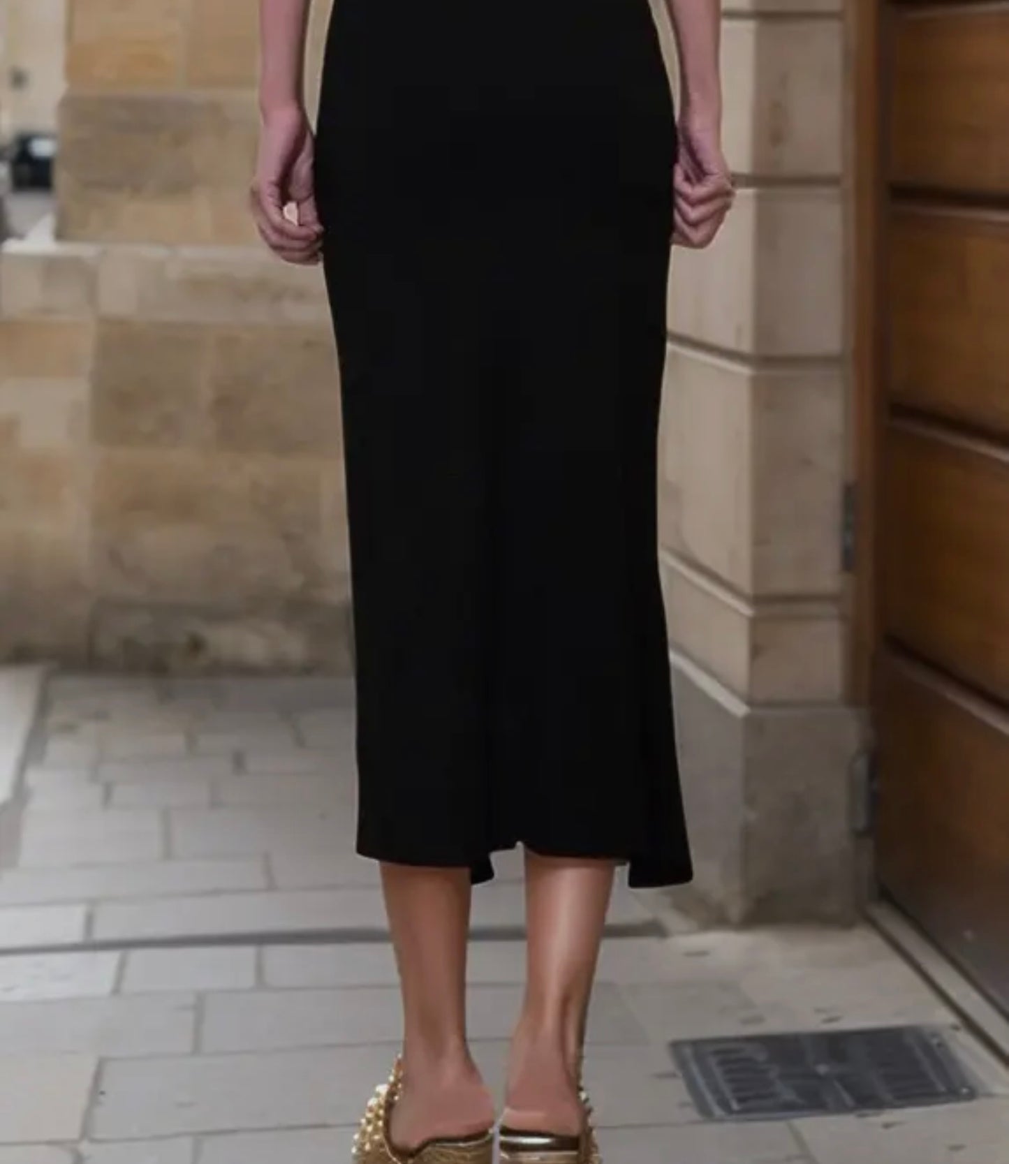 Black Jersey Skirt with Flower Appliqué