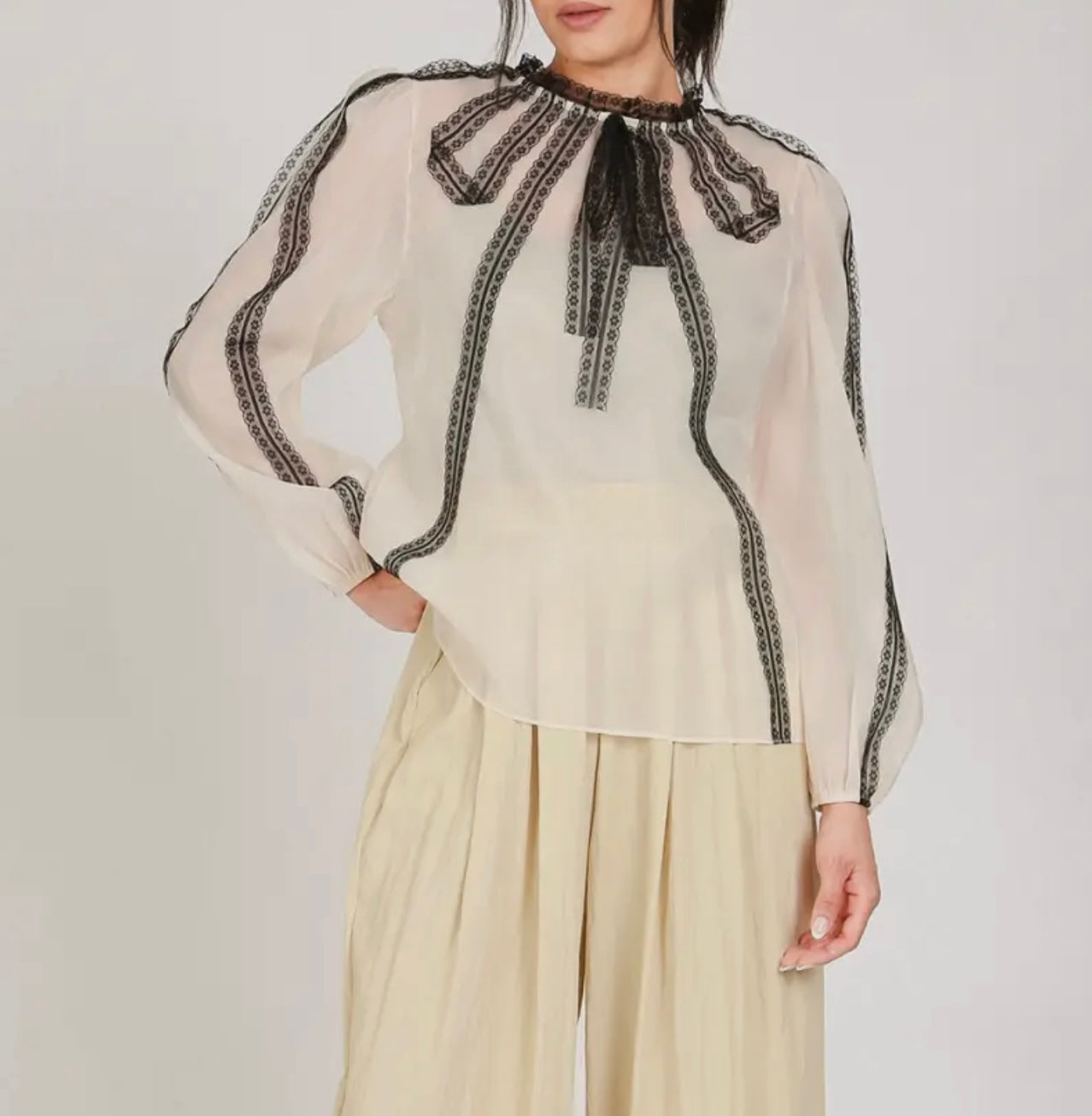 Cream Blouse with Black Lace Embellishment