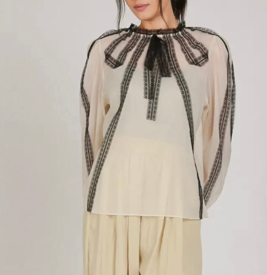 Cream Blouse with Black Lace Embellishment