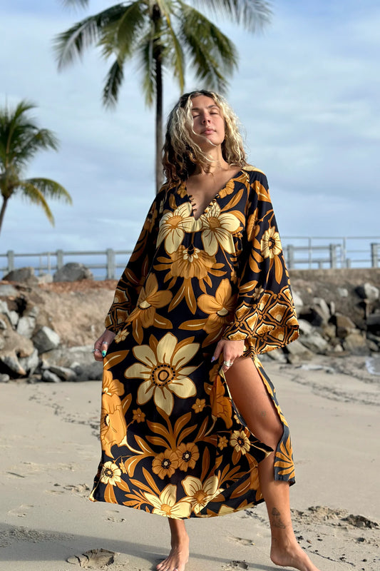 Autumnal Black Floral Print Tunic Dress
