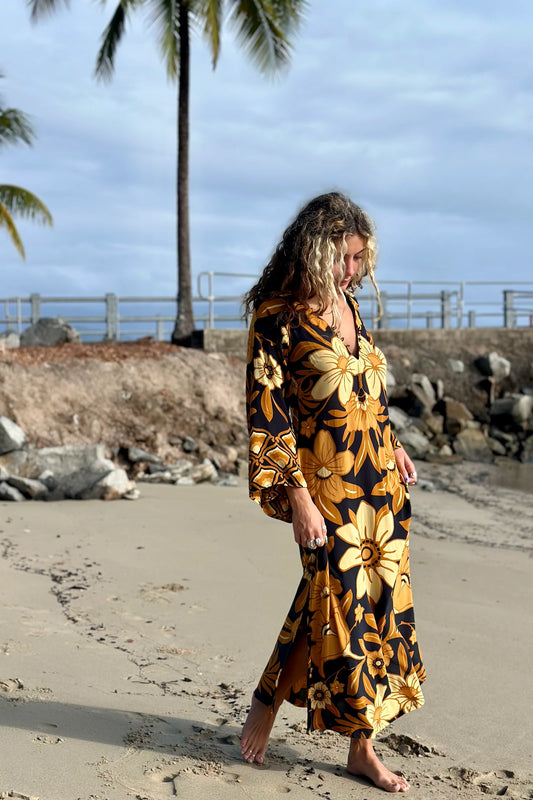 Autumnal Black Floral Print Tunic Dress