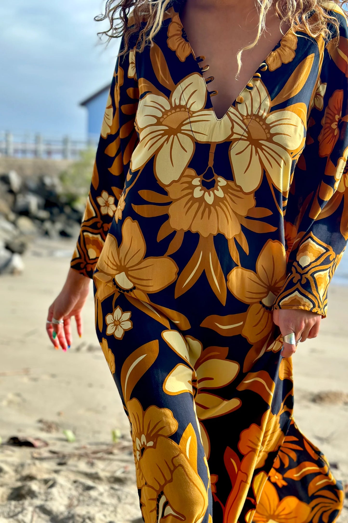 Autumnal Black Floral Print Tunic Dress