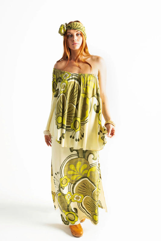 Retro Green Print One Shoulder Dress