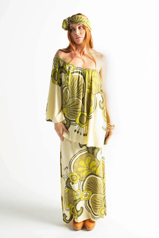 Retro Green Print One Shoulder Dress