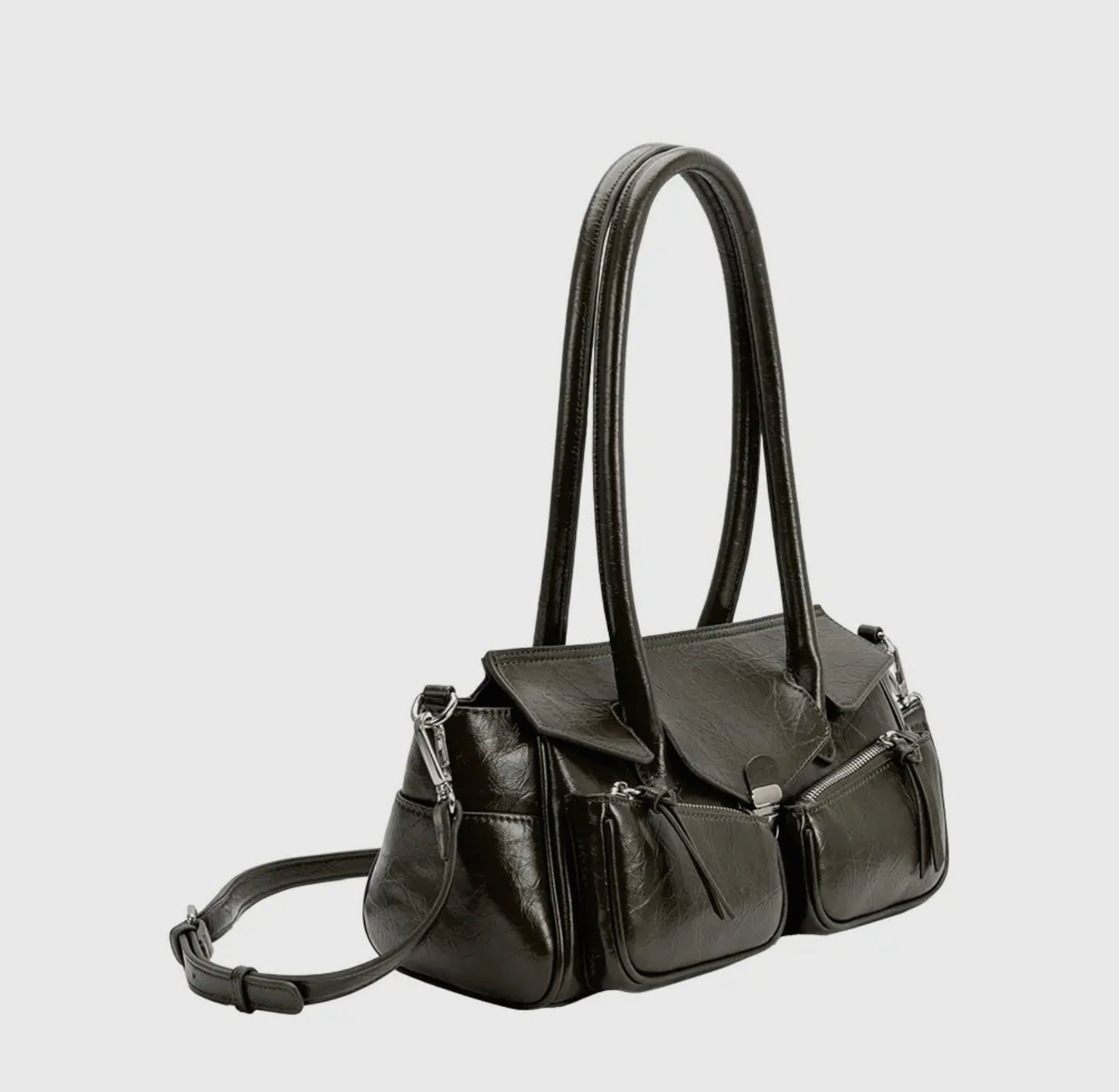 Wide Vegan Leather Handbag with Front Pockets