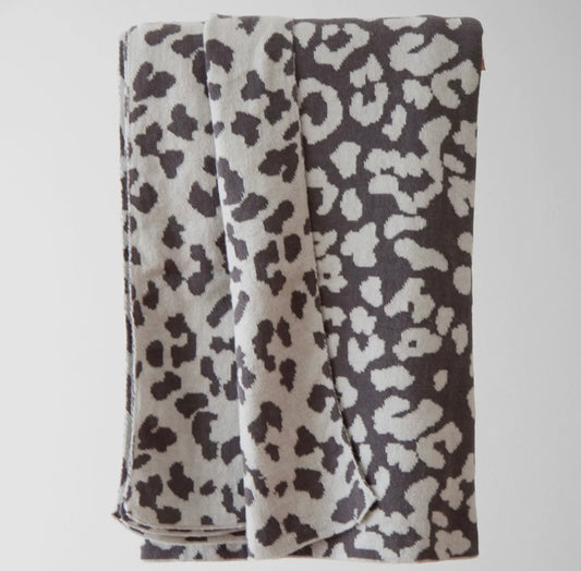 Leopard Cotton Knit Throw - Charcoal