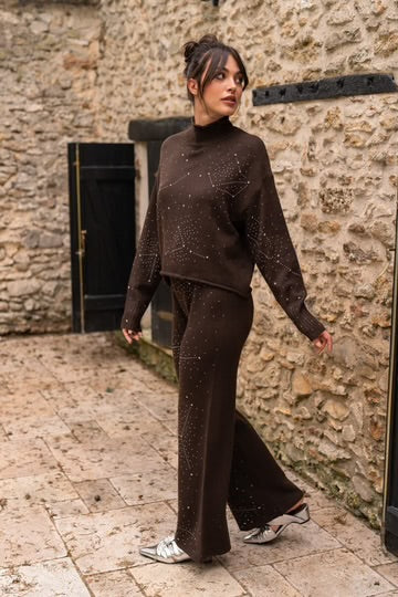 Brown Knit Pants with Silver Star Embellishment