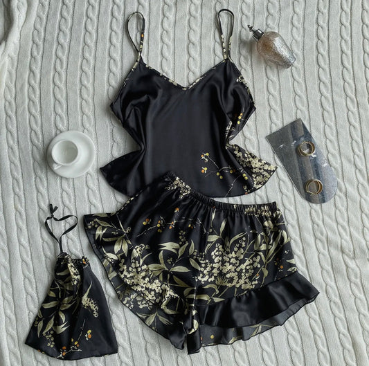 Cherry Blossom Silky Pajama Set - Black